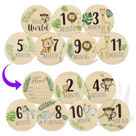 WUSJCOF 7 Stück Meilensteinkarten aus Holz,bedruckt mit farbigen Tierchen,aus natürlichem Lindenholz,zur Erinnerung,als Geschenk zur Geburt,Babyparty,für Schwangere,werdende Mütter & Eltern