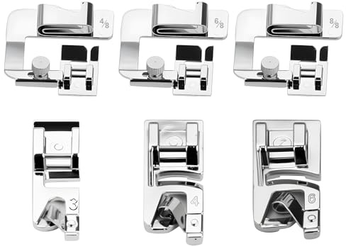 6 Piece Hemmer Foot Set for Sewing, 3 Narrow Rolled Hem Feet 3/4/6mm and 3 Wide Rolled Hem Presser Foot 4/8, 6/8, 8/8 Inch, For Brother, Singer, Janome Low Shank Sewing Machines, Machine Presser Kit