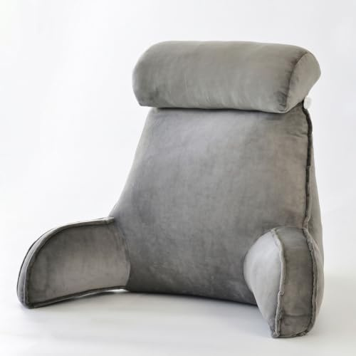 Chingcoo Läskudde för säng och soffa ergonomisk med nackrulle – ryggkudde säng stor med minnesskum – ryggstödskudde med fickor – läskudde för läsning avkoppling soffa (grå)