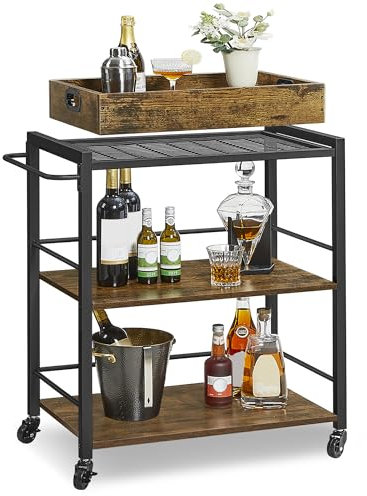 VASAGLE Kitchen Serving Cart with Removable Tray, 3-Tier Kitchen Utility Cart on Wheels with Storage, with Brakes, Leveling Feet, 15.7 x 28.3 x 33.9 Inches, Rustic Brown and Black ULRC72X