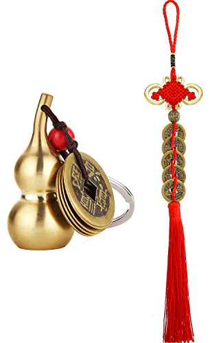 2 Pieces Chinese Coins Feng Shui and Brass Wu Lou Health Amulet Gourd Keychain Chinese Knot Lucky Charms Red String 2024 for Good Luck Fortune Wealth Health Success to Friends Families Lovers