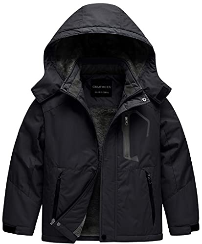 CREATMO US Boy's Warm Winter Jacket Kid's Waterproof Ski Coat Breathable Rain Jacket Black 14/16