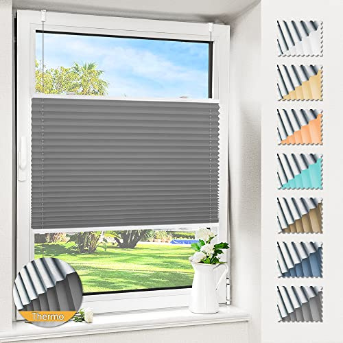 Magiea Plissee ohne Bohren verdunkelung, Thermo Plisseerollo Klemmfix, Grau 90x130cm(BxH), Verdunklungsplissee 100% lichtundurchlässig, Faltrollo für Fenster, Sichtschutz Sonnenschutz