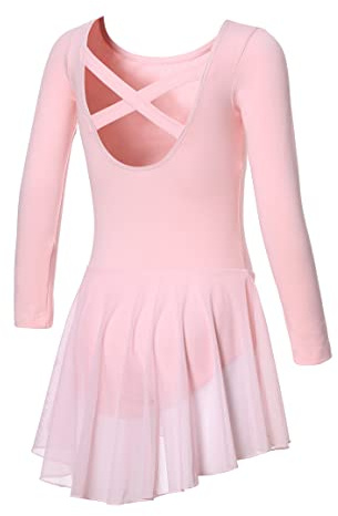 DIPUG Ballet Leotards for Girls Dance Leotard Long Sleeve Girls Dance Dress Criss-Cross Back Pink 4t 5t 6 S