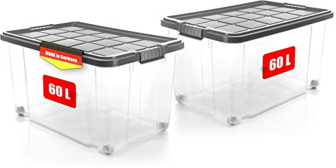 BigDean 2 Stück 60 L Aufbewahrungsbox mit Deckel groß stahlgrau - stapelbare robuste Box rollbare Stapelbox mit festen Klickverschlüssen - Made in Germany