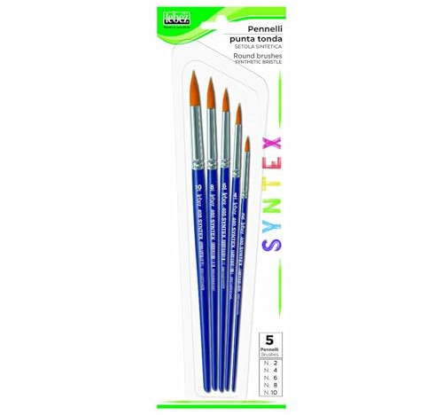 Lebez - Pennelli per Dipingere in Setola Sintetica, Set 5 Pennelli Pittura Acrilico, Acquerello e Tempera con Punta Tonda e Manico in Legno – 5 Misure Diverse per Artisti, Adulti e Bambini