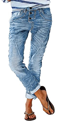 Jeans Damen Low Waist - Jeans mit Gummizug Damen- Jeanshose Damen Lang Straight Leg Vintage Destroyed Denim Hose Damenjeans Boyfriend Freizeithose Falten Streifen Locker Jeans Hosen für Frauen