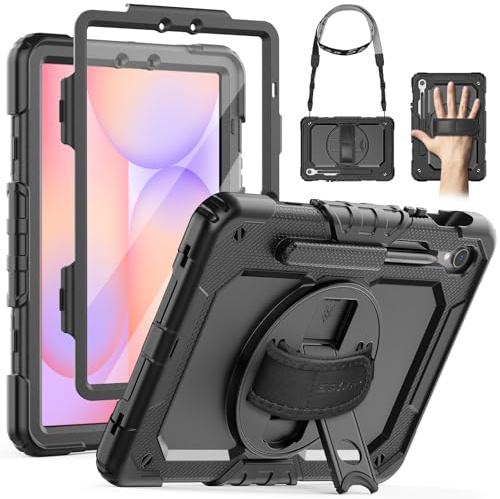 SEYMAC Cover per Samsung Galaxy Tab S10 Lite / S10 FE 10.9 / S9 FE 10.9/ S9 11 Pollici, Custodia Antiurto con Pellicola Protettiva, Supporto Girevole a 360°, Tracolla, con Portapenne, Nero