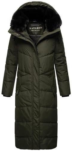 Navahoo Women's Winter Coat, Warm Quilted Coat, Extra Long with Removable Hood, Eye-catching XIV XS-XXL, dark olive, S