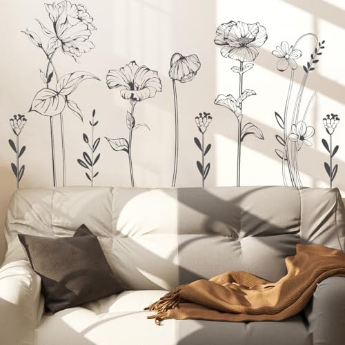 Runtoo Väggtatuering blommor boho svart väggklistermärke enkla blommor växter väggklistermärke sovrum vardagsrum babyrum barnrum väggdekoration