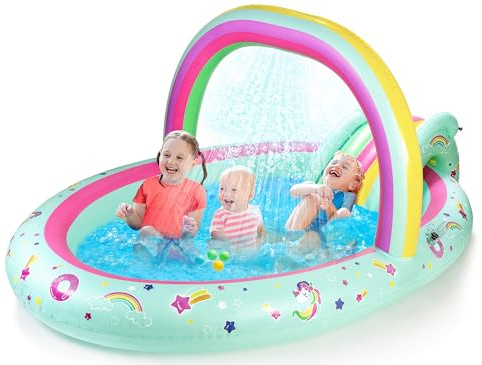 SULIFEEL Rainbow Unicorn Inflatable Play Center Kiddie Pool with Slide and Sprinkler for Children, 96''x59''x39''in Baby Pool for Backyard and Garden