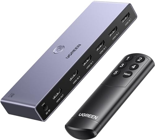 UGREEN 8K@60Hz HDMI Switch 5 In 1 Out, 4K@120Hz HDMI 2.1 Switcher with Power Adapter Support HDR10+ 3D HDCP 2.3 CEC Hdmi Splitter Compatible with PS5/4, Xbox, Laptop
