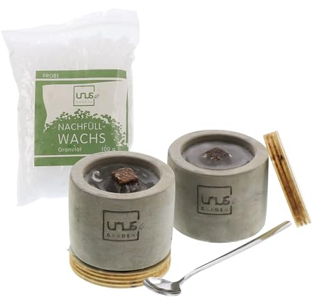 UNUS Beton-Feuer 2er set klein Outdoor Beton Kerze Zylinder, 100g Nachfüllwachs, Löschbrett und Löffel zum Nachfüllen, Tischkamin mit Dauerdocht, Tischfeuer Recycling Kerzenwachs