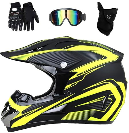 Youth Kids MTB Motocross Helmet, with Goggles Gloves Mask, Unisex Full Face MX Off-Road ATV Karting Motorbike Helmet, D.O.T Certified Downhill Dirt Bike Enduro Racing Helmet ( Color : Yellow , Size :