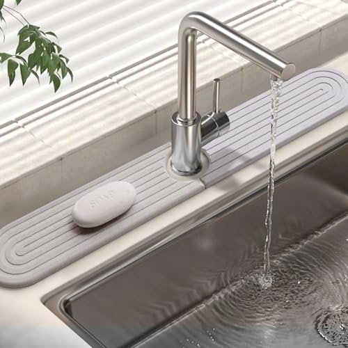 LeKuni Teppich für Küchenarmatur, 60 x 10 cm, Küchenspüle, Spritzschutz, Diatomit, Schwammhalter, Steinplatte, wasserabsorbierend und schnell trocknend, Weiß