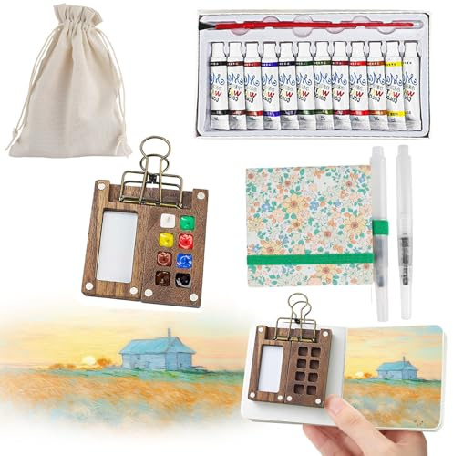 7 PCS Pocket Artist Watercolour Travel Set - 8 Grids Travel Watercolour Paint Set Portable, Mini Watercolour Paint Set Travel, Painting Set with Foldable Wooden Palette, Sketchbook, Brush (Green)