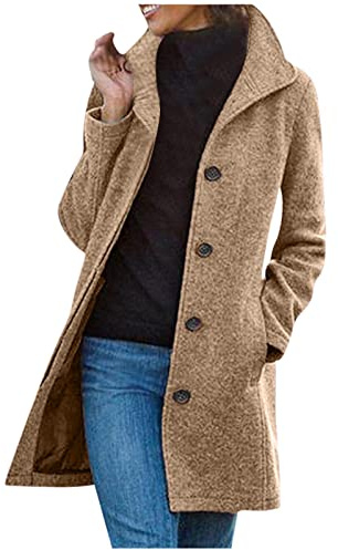 KUIH Wool Trench Coat Women Long Jacket Fashion Long Sleeves Lapel Collar Trench Coat A-Line Peacoat Cashmere Cardigan Trench Jacket Solid Color Overcoat Elegant Outwear for Work Office Going Out