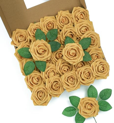 LEUCHTAMOR 25 st konstgjorda rosor blommor ljusa guld falska rosor blommor äkta touch skum blommor rosor gör-det-själv för bröllop brudbuketter bordsuppsatser blomsterarrangemang fest heminredning