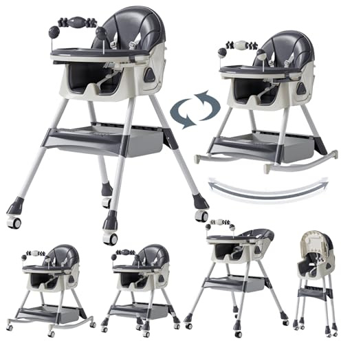 Magic ZC Seggiolone per Bambini Sedia da Pranzo per Multifunzionale Pappa con modalità oscillazione e Schienale regolabile a 3 velocità con Doppi Vassoi Staccabili e Ruote (560 Grey)