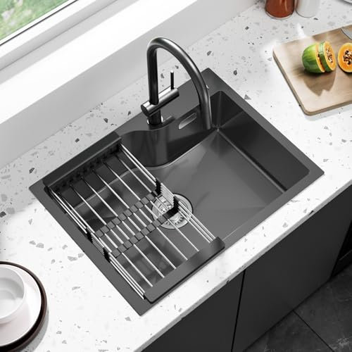 ANYCEE Evier Noir Inox 60 x 45 cm, Evier Cuisine 1 Bac pour Meuble Bas de 60 cm et Plus, Évier Inox 1 Bac Noir avec Trou pour Robinet, Panier d'Égouttage, Siphon et Trop-Plein