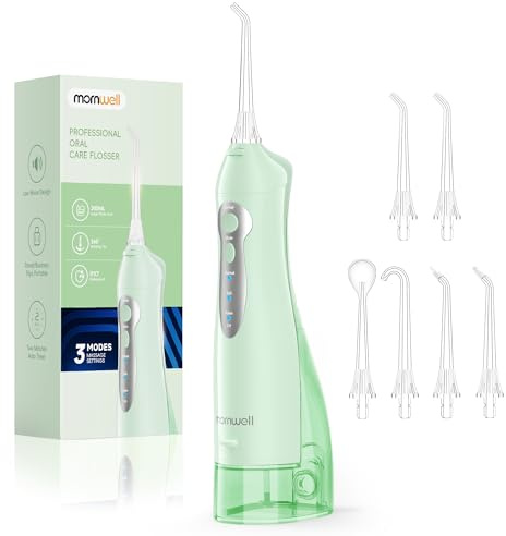 Mornwell Dental Jet Hydropulzer och irrigatorer, Sladdlös Munsköljare 3 lägen, 4 sprutmunstycken, IPX7 vattentät, 300ml djuprengöring, USB-laddningsbar (Grön)