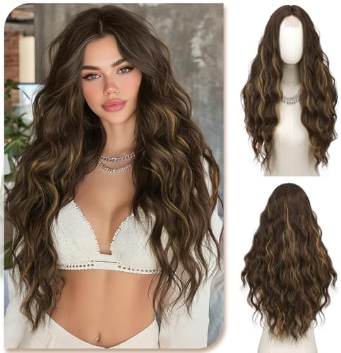 Sofeiyan Parrucca con Lunghi Ondulati,70 cm Castano Scuro con Riflessi Dorati Parrucche Sintetiche Naturale per Donne,Frangia con Riga Centrale e Dettaglio in Pizzo,per Quotidiano,Feste,Cosplay