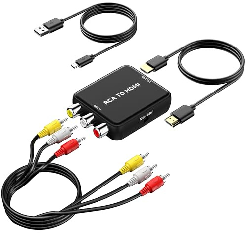 Uzifhdhi RCA to HDMI Converter, AV to HDMI Converter, Composite to HDMI Adapter Supports PAL/NTSC for PS2/VHS/VCR/Blue-Ray DVD ect with HDMI and RCA Cables