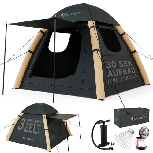 JUSKYS® Tente Gonflable EasyFlow M Gris foncé - pour 1-3 Personnes, imperméable 4000 mm Colonne d'eau, Protection UV FPS 50, Lampe LED, kit d'accessoires