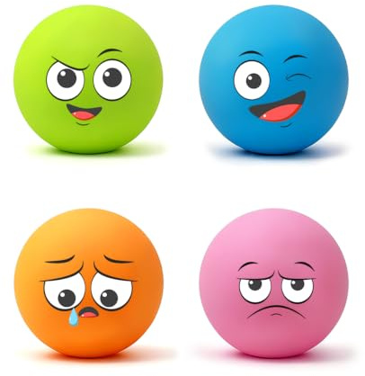 Bestwist Squeaky Dog Balls 6cm – 4 Pack Funny Faces Natural Latex, Gentle BB Squeaker, Soft on Teeth, for Small & Medium Dogs up to 18kg, 4 Colours: Pink Orange Green Blue