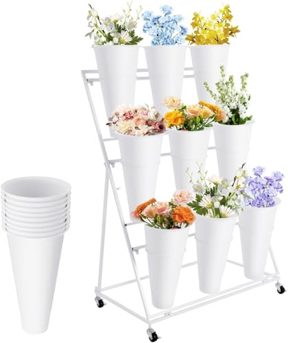 Supporto per Fiori A 12 Secchi, Carrello Portafiori in Metallo A 3 Livelli con Ruote - Robusto Supporto Floreale Bianco per Matrimoni, Negozi, Giardini E Decorazioni per La Casa.