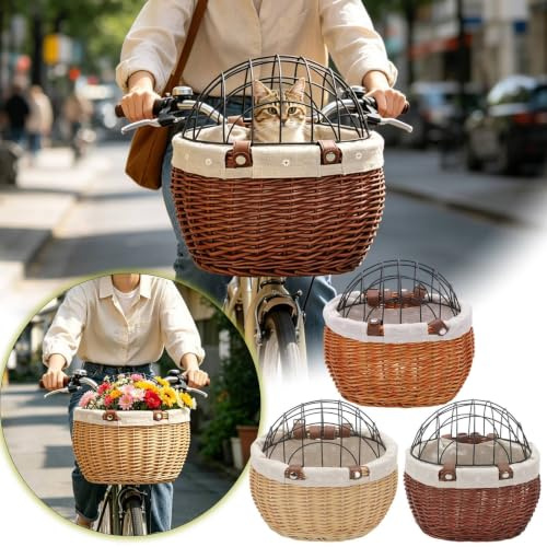 Panier Velo Chien en Osier Tressé à la Main Housse de Protection Respirante avec Filet de Sécurité Accessoire de Voyage Sécurisé Robuste pour Petit Chien ou Chat Sorties en Ville Balades