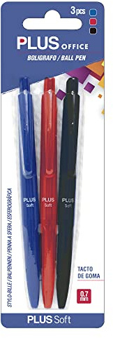 Plus Office - Bolígrafos PLUS Soft Pack de 3 Bolígrafos Retráctiles, Escritura y Tacto ultra suave, Tinta fluida Viscosa, Óptimo para uso de oficina, casa y escolar, Color Azul, Rojo, Negro