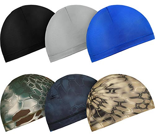 Boao 6 Pieces Cycling Skull Caps Running Sweat Wicking Hats Helmet Liner for Men and Women (Black, Grey, Dark Blue, Camouflage)
