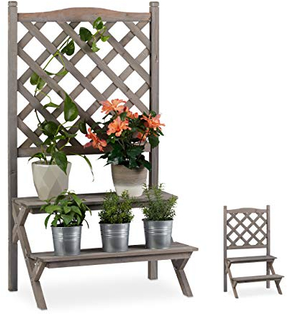 Relaxdays Blumentreppe mit Rankgitter, Blumenregal mit 2 Stufen, Pflanzentreppe Holz für Blumen, HBT: 109x61x40 cm, grau