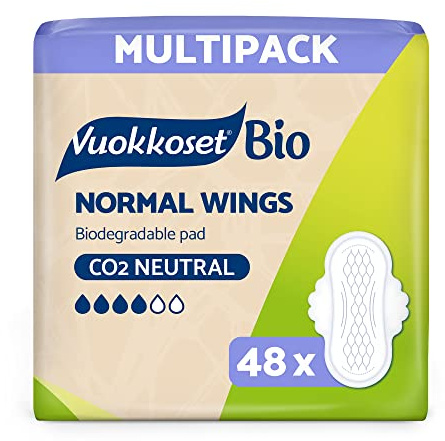 Vuokkoset Eco Bio Normal Wings Sanitary Towel 48 pcs | Biodegradable, Thin 8.9 Inch, Sensitive Skin, Organic Cotton, Free of Dyes, Fragrances & Chlorine