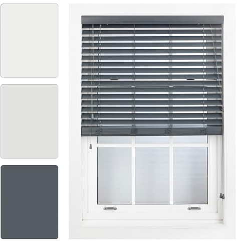 FURNISHED Dark Grey Faux Wood Venetian Blinds 50mm Easy Fit Trimmable Child Safe Home Office Window Blinds, 45cm x 150cm