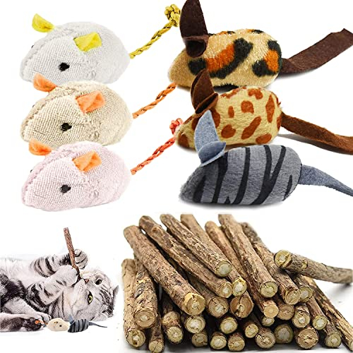 BOW CALICO Matatabi Baton Chat,30 bâtons d'herbe à Chat+6 Souris Jouet à mâcher pour Chat,Naturel Silvervine Soin Sain Dent Chat,Appropriés pour Les Jouets pour Chat d'intérieur