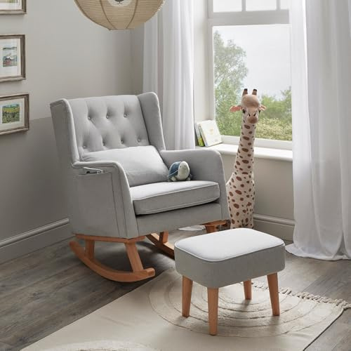 Babymore Pure Comfort Lux Nursing Chair with Footstool - Gentle Rocking Chair, Convertible Wing Chair having Storage Pockets with Chic Fabric & High-Density Padding Included Lumbar Cushion (Grey)
