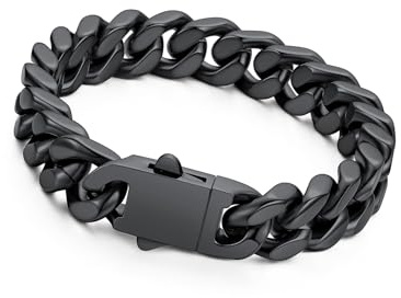 Richsteel Pulsera Cadena Cubana Hombre Negro Acero Inoxidable 12mm Ancho Pulseras Cubanas Cadenas Eslabones con Cierre de Presión Joyas de Hombres Mujeres 21cm