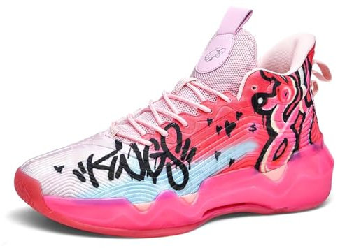 Bacury Basketballschuhe für Damen und Herren, modische Laufschuhe, bunte Malerei, rosa / rot, 10 US Women/9 US Men