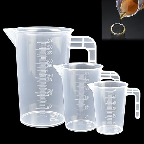 DOUSELLA 3 PCS Juego de Jarras Medidoras de Plástico de 50ml 100ml 250ml con Asa Jarra Medidora Resistente al Calor para Detergente Cocina Laboratorio Escala Fina Apta para Alimentos (Transparente)