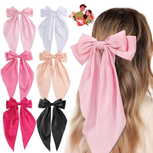 Unbednigt Hair Bows for Women, 6 PCS Silky Satin Hair Clips, Large Bow Hair Barrettes, Oversized Long Tail, Pink Color, Metal Bow Hair Clips, Aesthetic Hair Accessories