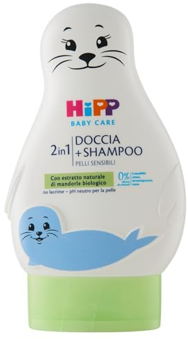 HiPP - Baby Care Doccia Shampoo per Bambini a Forma di Simpatica Foca, Deterge con Delicatezza Corpo e Capelli, pH Neutro, con Estratto di Mandorle Bio, 1 Flacone da 200 ml