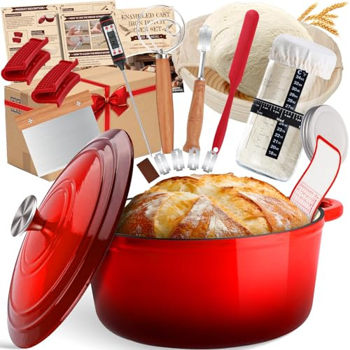 NZQXJXZ 26cm Enamelled Cast Iron Pot Round Dutch Oven, 4.7L Casserole Dishes with Lids Oven Proof for Cookware, Braising, Stews, Roasting, Bread Baking - Cherry red