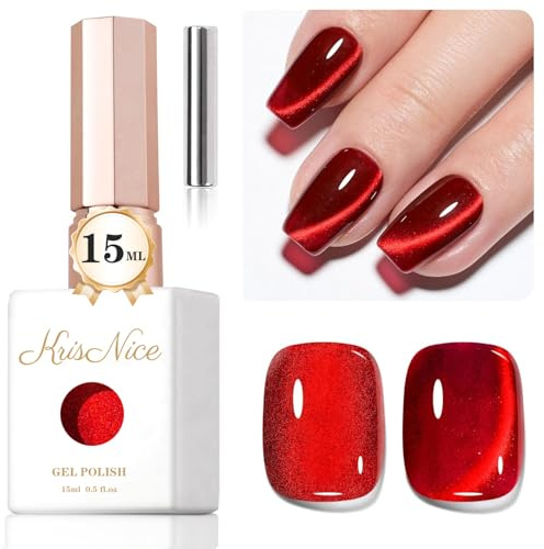 KRISNICE Jelly Glass Cat Eye Gel Polish with Magnet 15ML Holographic Glitter Shimmer Translucent Sheer Color Magnetic Nail Polish Salon DIY at Home (Blood Red-MY008)