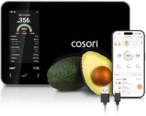 COSORI Smart Kitchen - Báscula digital para alimentos, báscula de conteo de calorías premium con aplicación gratuita, seguimiento de 19 nutrientes, información de nutrientes en pantalla, carga USB-C