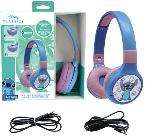 LEXIBOOK - Disney Stitch - 2-in-1 Bluetooth & Wired Headphones with microphone and control button, Foldable and Ajustable, Long lasting rechargeable battery, HPBT010DLXB