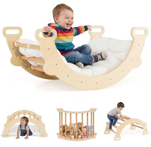 RELAX4LIFE 3 in 1 Arco da Arrampicata per Bambini con Cuscino Morbido, Triangolo da Arrampicata in Legno, Tunnel per Gattonare, Altalena da Interno per Bambini 1+ Anno, 81 x 50,5 x 38 cm (Naturale)