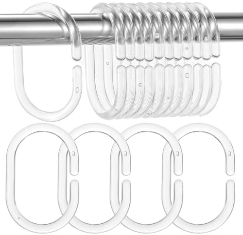 NINFEIQI Shower Hooks for Curtains, 12 Pcs Clear Shower Curtain Rings, Plastic Hooks for Shower Curtain, C Shape Curtain Hooks for Rods and Rails