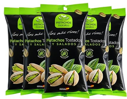 Pistachos Moralico - Pistachos Tostados y Salados Origen España - Pack 5 Bolsas x 200g (1 Kg) - Frutos Secos Premium Sin Gluten - Formato Familiar Despensa, Aperitivo para Compartir-Frescura Prolongad